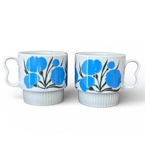 Vintage Stackable Floral Mugs Japan Set of 2 Blue Carnation